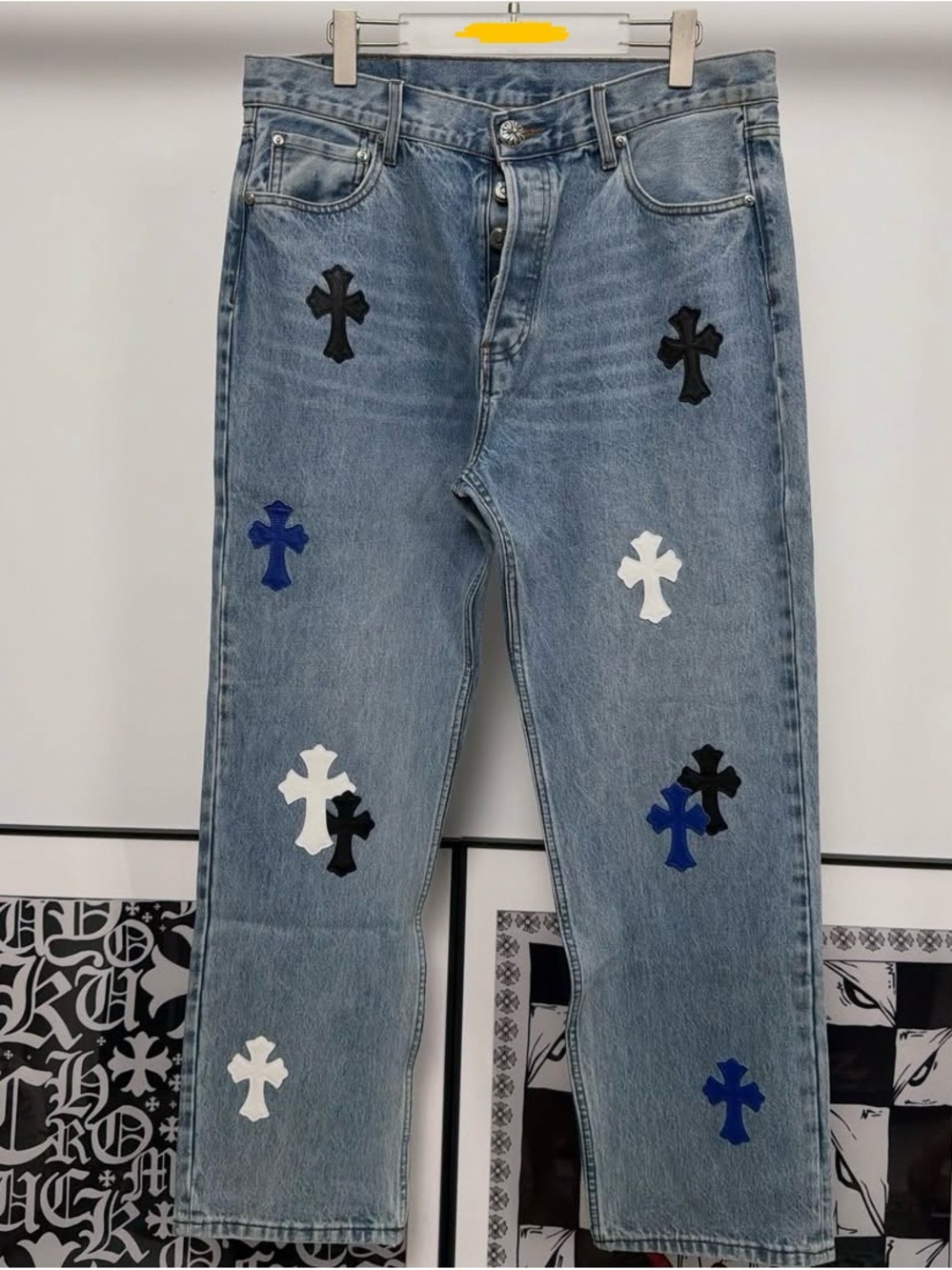Chrome Hearts Light Blue Straight Jeans with Cross Patches